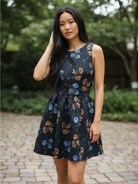 Zara Black Sleeveless Floral Fit-and-Flare Dress with Blue and Brown Blooms